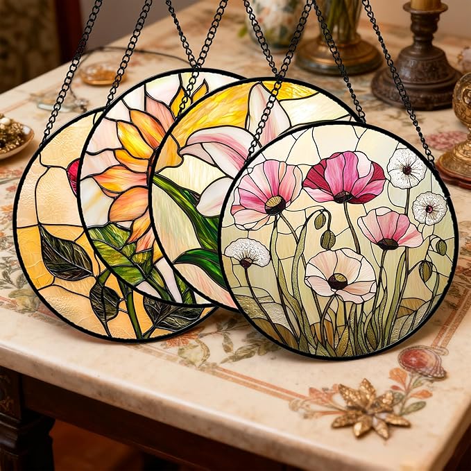 Stained Glass Window Hanging 4 Pcs Set Lily Rose Sunflower Poppy 9.8" - Flower Suncatcher Door Garden Sun Catcher Decor Birthday Mother's Day for Wife Woman Nana Girl
