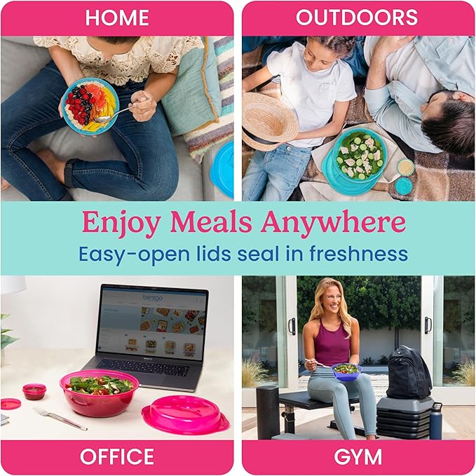 Bentgo Easyboxes Salad-to-Go Containers - 8-Piece Set: 4 Bowls, Leak-Proof Dressing Cups Built-In & 4 Fitted Lids Seal in Freshness; Reusable/BPA-Free for Salad, Pasta, & Cereal (Jewel Brights)
