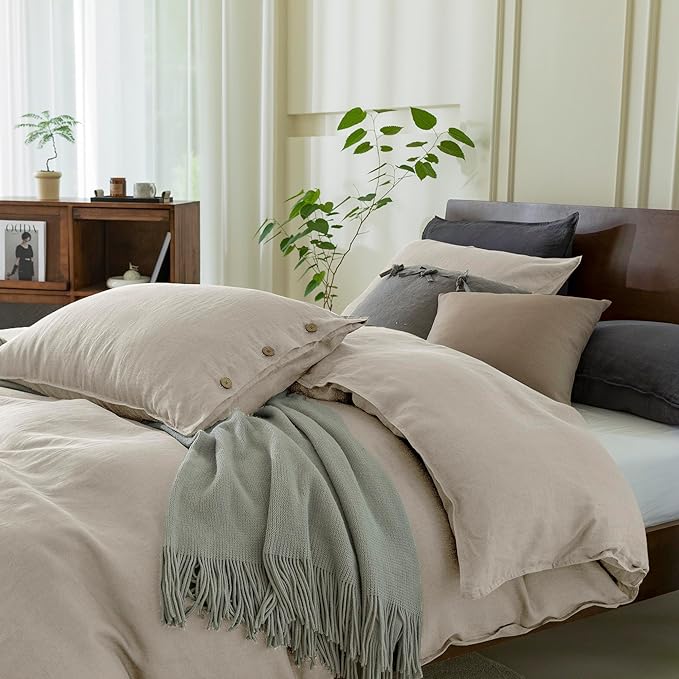 EVERLY 100% Pure Linen Duvet Cover Set California King Size 104X98Inch 3pcs (1 Duvet Cover,2 Pillowcases) Soft and Breathable for All Season with Coconut Button Closure, Suitable for Hot Sleepers