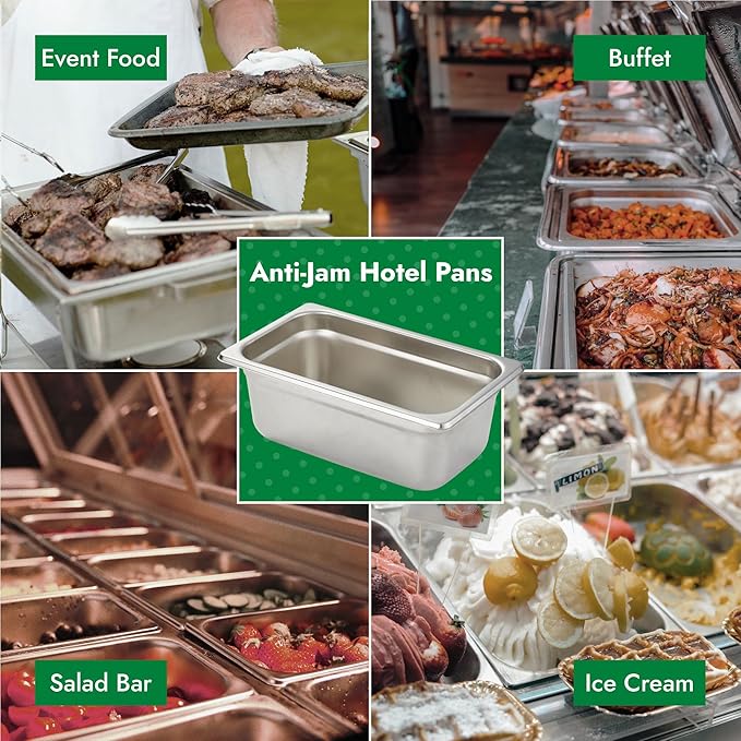 HECMAC 6 Pack Anti-Jam Hotel Pans, 1/4 Size 4 Inch Deep, Commercial Stainless Steel Chafing Steam Table Pan, Catering Storage Metal Food Pan