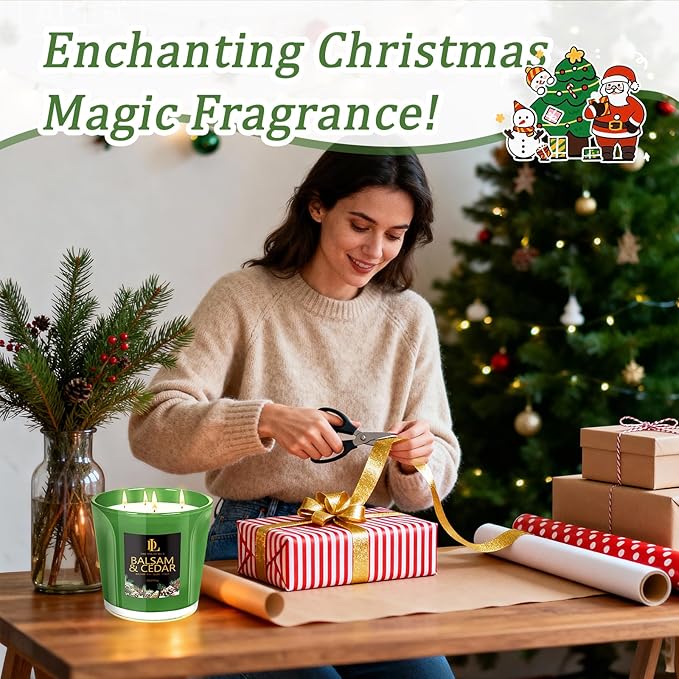 Large Christmas Candle Balsam & Cedar Scented, 4 Wick Natural Soy Candles for Home Scented, 30oz Big Holiday Candle Long Lasting, Aromatherapy Candles Christmas Gifts for Women Men
