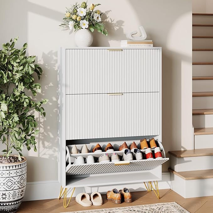 Shoe Storage Cabinet with 3 Flip Drawers, 31.5" W Fluted Shoe Cabinet for Entryway, Hidden Shoe Cabinet Storage, Narrow Free Standing Shoe Orgnaizer Rack Cabinet for Foyer Hallway, White