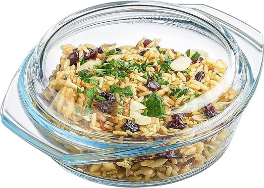 Glass Casserole Dish, Clear Glass Round Casserole Dish with Lid and Handles, 1 Quart Covered Bowl for Cooking, Baking, Serving, Microwave, Dishwasher, and Oven Safe Cookware