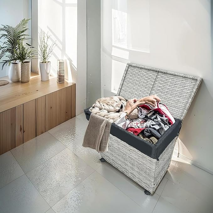 Laundry Hamper Wicker With Lid and Wheels, Collapsible Rattan Clothes Hamper 29 Gal (110 L) Removable Linerdouble Laundry Basket Handwoven for Clothes Storage in Bedroom(Gray)