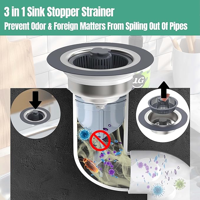 Kitchen Sink Drain Strainer Stopper 304 Stainless Steel 3 in 1 Sink Protectors Pop Up Anti-Clogging Kitchen Sink Stopper Basket Filter for US Standard 3-1/2 Inch Drain Cover