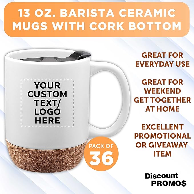 Custom Barista Ceramic Mugs with Cork Bottom 13 oz. Set of 36, Personalized Bulk Pack - Perfect for Coffee, Tea, Espresso, Hot Cocoa, Other Beverages - White