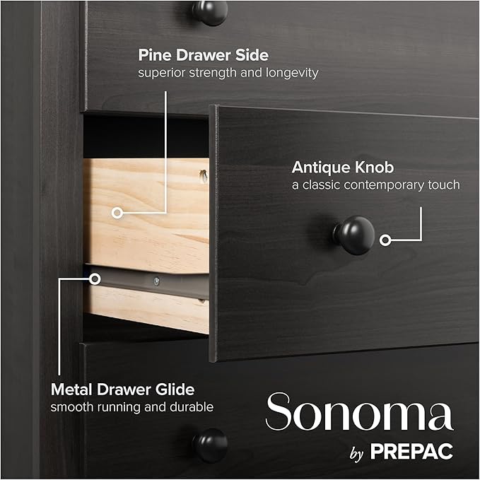 Prepac Sonoma 6-Drawer Double Dresser for Bedroom, Wide Chest of Drawers, Traditional Bedroom Furniture, 59" wide x 17.5" deep x 29" tall, Washed Black