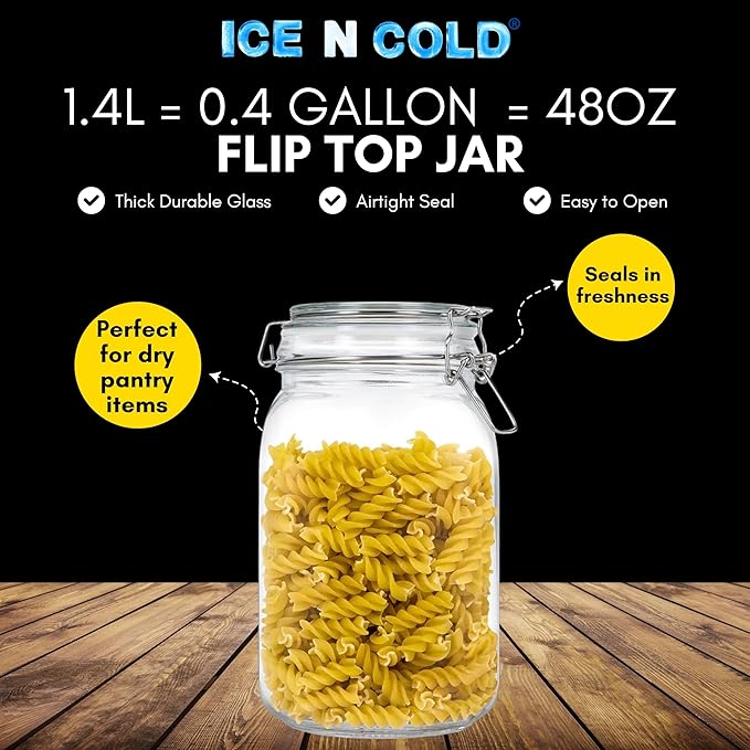 Airtight Glass Storage Jars with Clamp Lid – Food Storage Containers with Rubber Gasket Seal – Pantry & Kitchen Canisters for Dry Goods, Coffee, Sugar, Pasta – 0.4L to 2.2L Sizes (6, 48oz | 1.4L)