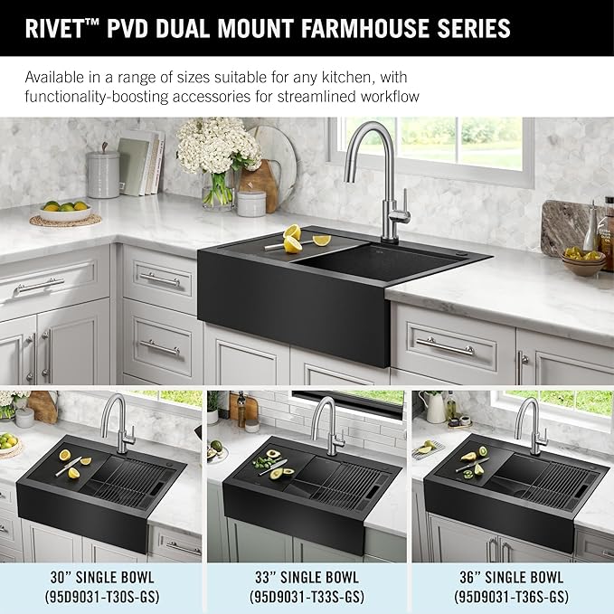 DELTA FAUCET Rivet 30 Inch Black Stainless Steel Retrofit Farmhouse Apron Front 16 Gauge Workstation Kitchen Sink/PVD Gunmetal Finish w/ Accessories for Top Mount Drop-In Installation,95D9031-T30S-GS