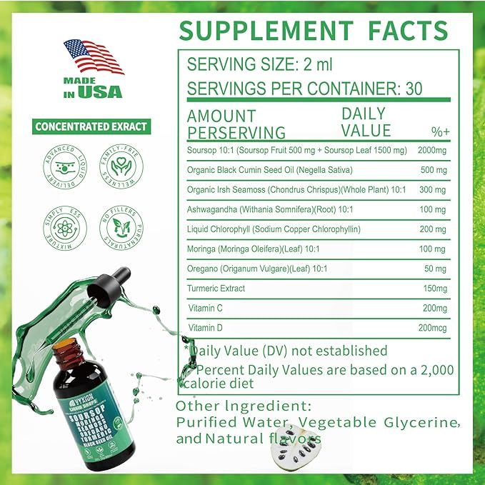 Vyxion Soursop Bitters Liquid Drops 10 in 1 with Sea Moss, Moringa, Turmeric, Black Seed Oil, Oregano, Ashwagandha | Herbal Extracts for Overall Health-Enhancing | Vegan, Non-GMO | 2 Fl Oz