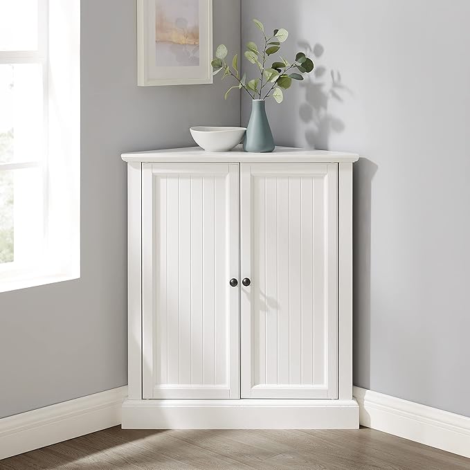 Crosley Furniture Shoreline Stackable Corner Pantry Storage Cabinet with Shelves, Kitchen, Dining, Laundry, White