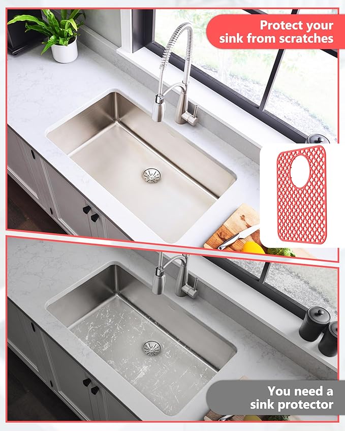 2 Pack Silicone Sink Protectors for Kitchen Sink, Lozenge Pattern 13 x 11 Inches Sink Mat, Non-Slip and Durable Sink Protector Silicone, Rear Drain, Red