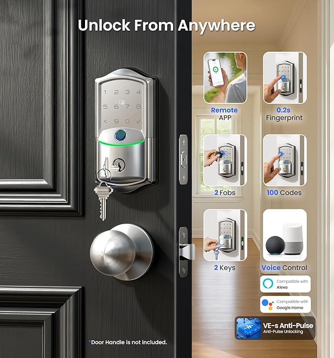 Veise VE027 Built-in Wi-Fi Smart Lock, Fingerprint Keyless Entry Front Door Lock, App Remote Control, No Hub Needed, Keypad Deadbolt, IP65 Waterproof, Auto Lock, BHMA Grade 3, Satin Nickel