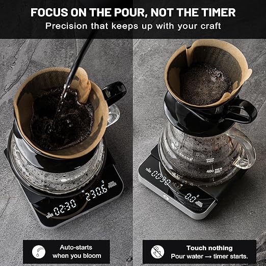 KitchenTour CaféMetric Coffee Scale with timer 0.1g/2000g - Precision Scale for Espresso & Pour over - Water flow Speed Mode and Coffee powder-to-liquid ratio Mode - Rechargeable, LED Display - Silver