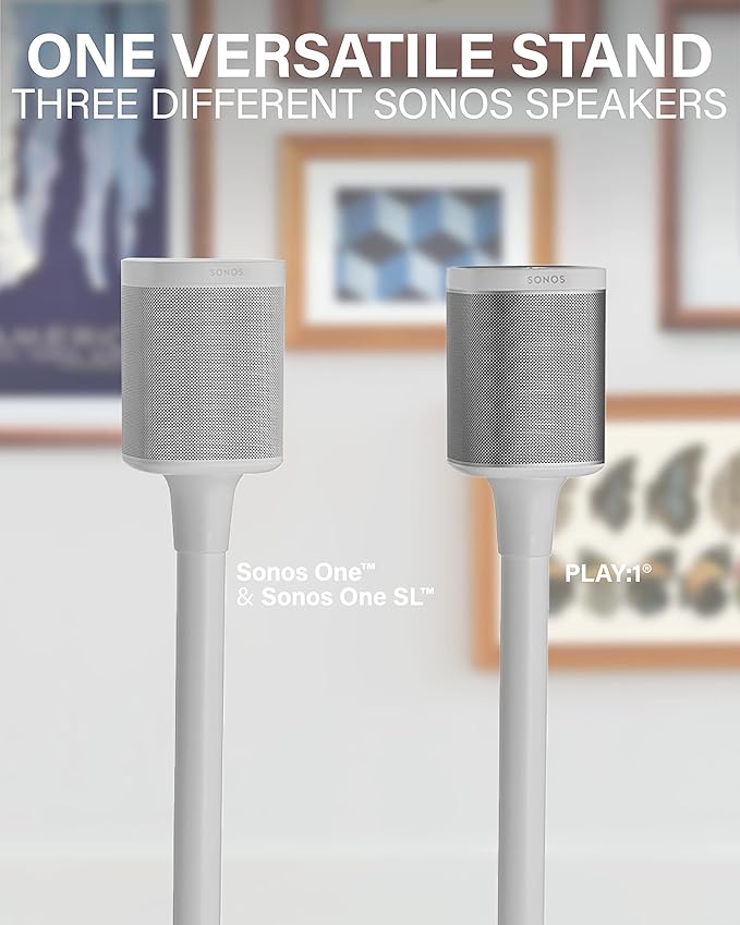 SANUS Speaker Stands Pair for Sonos One, One SL & Play:1 - Premium Fixed Height Speaker Stand w/Built-in Cable Management Channels & Easy 3-Step Install – White, Pair