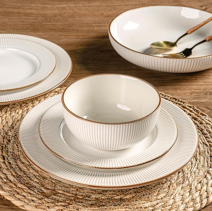 GBHOME Ceramic Dinnerware Sets, 24 pcs Embossed Elegant Stoneware Plates and Bowls Sets, Housewarming Wedding Gift | Dishwasher & Microwave Safe | Dishes Set Service for 8
