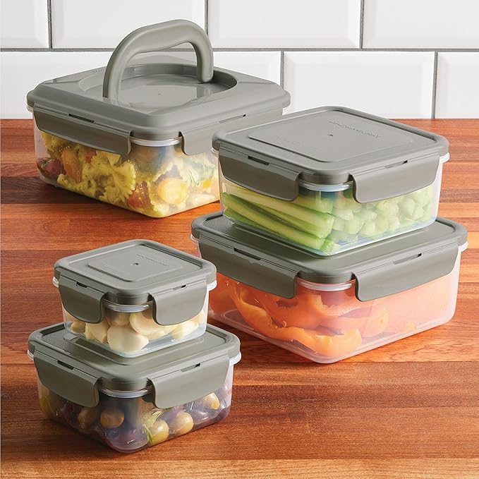 Rachael Ray Leak-Proof Nestable Container Food Storage Bin Set, 10-Piece Square, Gray Lid
