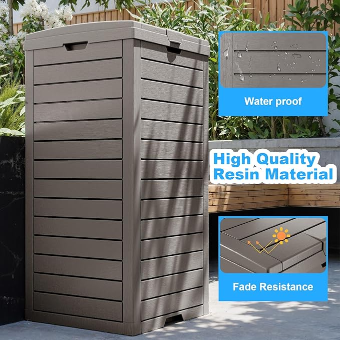 Outdoor Trash Can with Lid, Outdoor Trash Bin & Pull-Out Liquid Drawer, Dual Lid Closure Design, Waterproof Resin Garbage Can Container for Patio, Backyard, Deck (Grey, 38 Gallon)