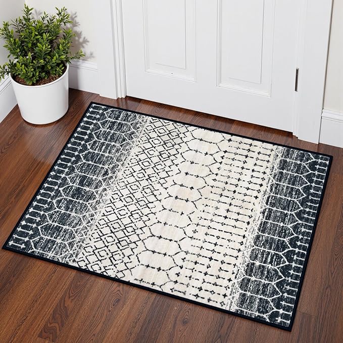 Lahome Moroccan Door Rugs for Entryway Indoor 2x3 Non-Slip Washable Front Door Mat Stain Resistant Untra-Thin Black Small Kitchen Rug, Geometric Print Inside Door Mats for Home Entrance Bathroom Sink