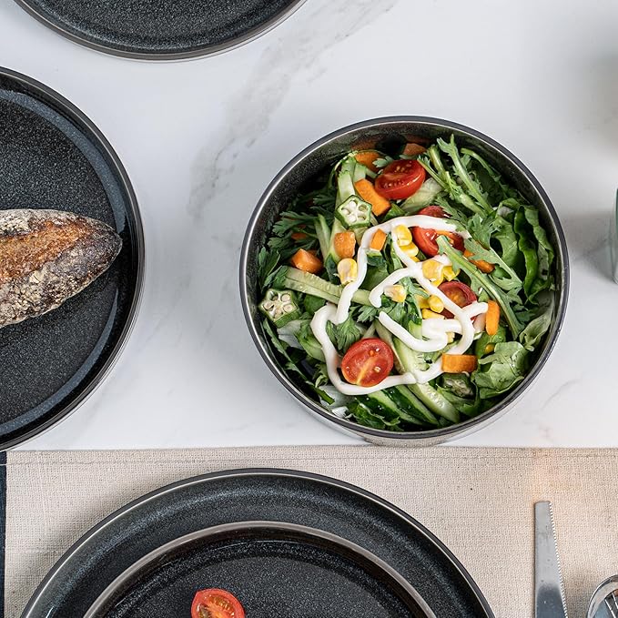 Stoneware Dinnerware Sets, Plates and Bowls Set for 4, 12-Piece Modern Stoneware Dinnerware – Chip Resistant, Non-Toxic, Dishwasher and Microwave Safe Tableware，Matte Black