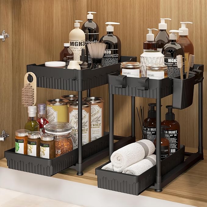 Under Sink Organizer, Bathroom Organizers and Storage, 2 Tier Multi-Use Pull Out Cabinet Organizer with Hang Hooks and Cups (Black, 2 Pack)