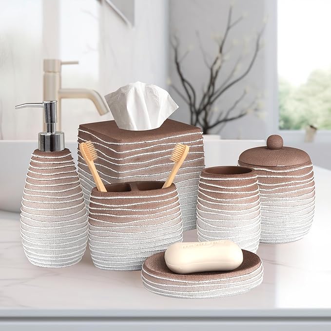 Decozen Bathroom Accessories Set 6Pcs – Soap Dispenser, Toothbrush Holder, Tumbler, Soap Dish & Cotton Swab Jar – Modern Bathroom Decor, Bath Set for Christmas Decor, Antonetta
