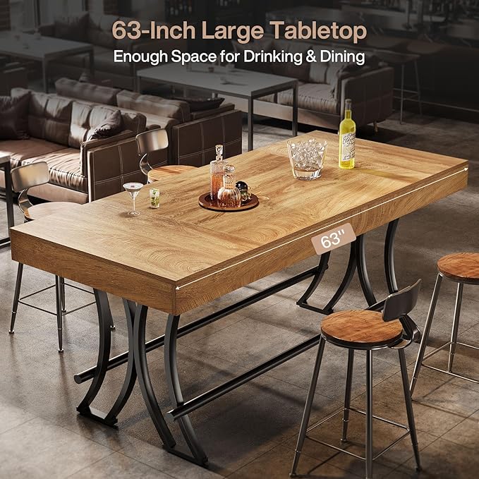 Tribesigns 63" Counter Height Dining Table with Metal Footrest, Rectangular Tall Kitchen Bar Pub Table, Industrial Home Bar Unit for Entertaining, Freestanding, Brown