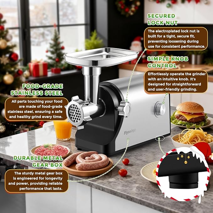Electric Meat Grinder 3200W Heavy Duty Commercial Meat Grinders, Sausage Stuffer, Kubbe Kit with 2 Cutting Blades, 3 Grinding Plates, 3 Sausage Tubes, Metal Gearbox Meat Grinder for Home Use