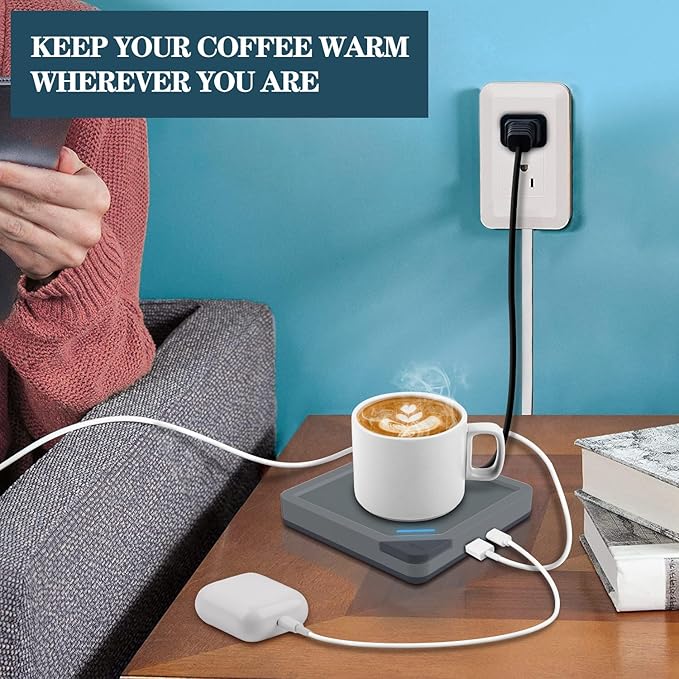 Coffee Mug Warmer Set: Coffee Warmer for Desk Auto Shut Off Candle Warmer Plate Electric Beverage Coffee Cup Warmer Heated Coffee Mug for Coffee,Tea, Milk Up to 131°F/55°C (Grey)