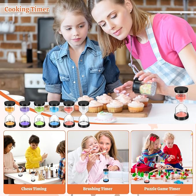 Sand Timer Set, 6 Colors Hourglass Sand Timers 1/3/5/10/15/30 Minutes Sandglass Timers Sand Clock Timer for Classroom Games Home Office Decor Cooking with Protective Cover, 6 Pack
