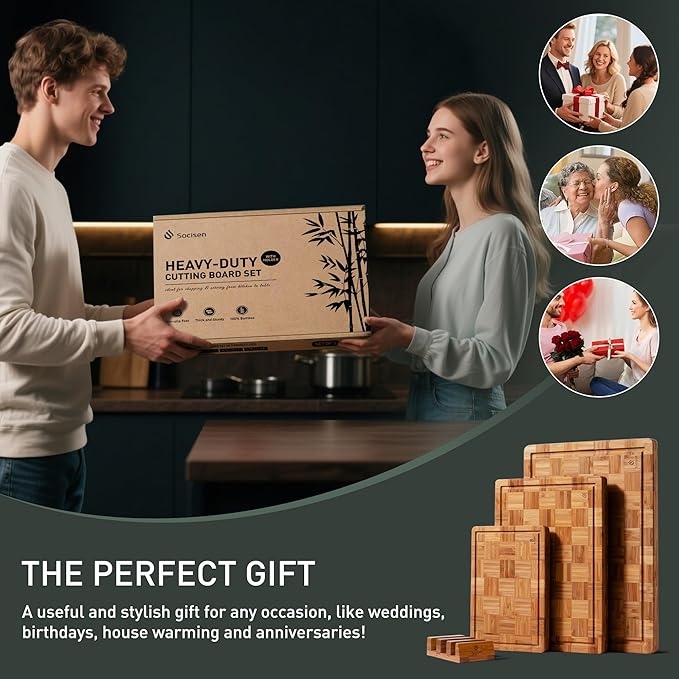 3 Pack Heavy Duty Bamboo Cutting Board Set Non Toxic Wooden Cutting Board for Kitchen Non Slip Solid End Grain Thick Wood Juice Groove Chopping Board Extra Large Big Small Best House Warming Gift