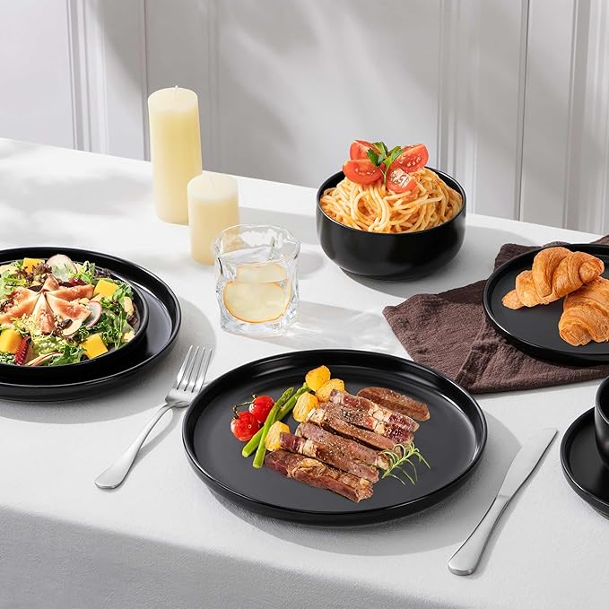 Herogo 12 Pieces Stoneware Dinnerware Sets Service for 4, Dinner Plates and Bowls Sets, Double Reactive Glaze Dishes Sets for Kitchen, Scratch Resistant, Microwave & Dishwasher Safe, Matte Black