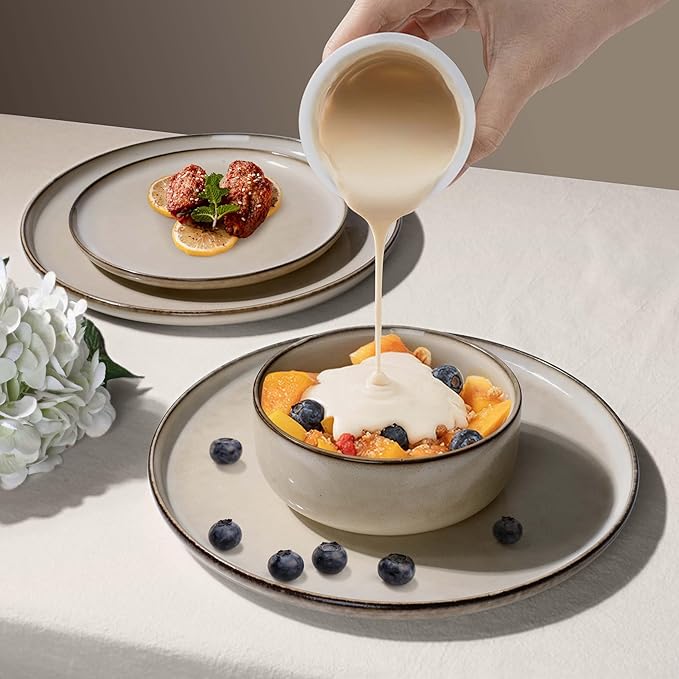 Herogo Stoneware Plates and Bowls Sets for 6, 18 Pieces Modern Round Dinnerware, Reactive Glaze Dishes Set for Kitchen, Chip Resistant, Microwave & Dishwasher Safe, Cream Khaki