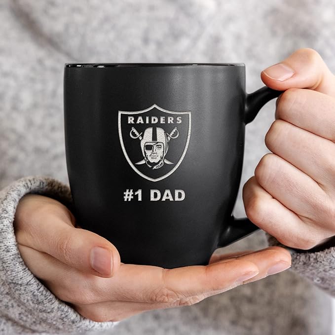 Rico Industries NFL Football #1 Dad 15oz Laser Engraved Matte Black Ceramic Bistro Mug - for Hot or Cold Drinks