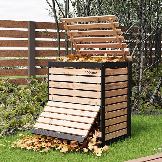 95 Gallon Solid Wood Composter, Outdoor Compost Bin with Pull-Out Door, Large Composting Bin for Backyard, Garden, Patio, Natural