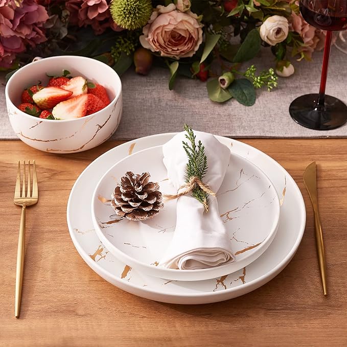 White Gold Splash Dinnerware Sets, 12 Pieces Fine China Marble Plates and Bowls Sets, Modern Porcelain Dish Set for 4, Luxury Dinner Set for Formal Dinners and Weddings