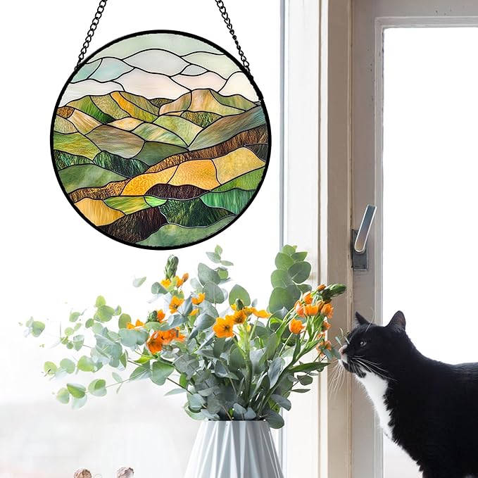 Stained Glass Window Hanging 4 Pcs Set Mountain River Landscape Large 11.8" - Suncatcher Door Garden Sun Catcher Decor Birthday Mother's Day for Mom Woman Nana Girl Boy Friend