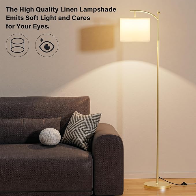 60" Floor Lamps for Living Room with 3 Color Temperatures, Adjustable White Shade with Gold Pole, Tall Lamps for Living Room Bedroom Office Classroom Dorm Room, 9W Bulb Included