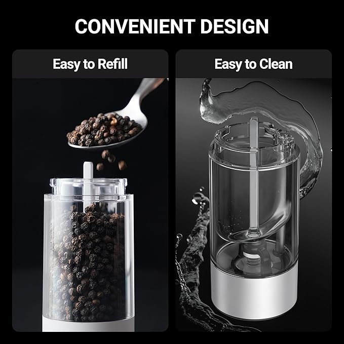 ThermoMaven 110ml Rechargeable Electric Salt and Pepper Grinder Set - 6 Adjustable Coarseness, Washable Parts, Built - in LED for Easy and Accurate Grinding, 2 Packs, Pearly White
