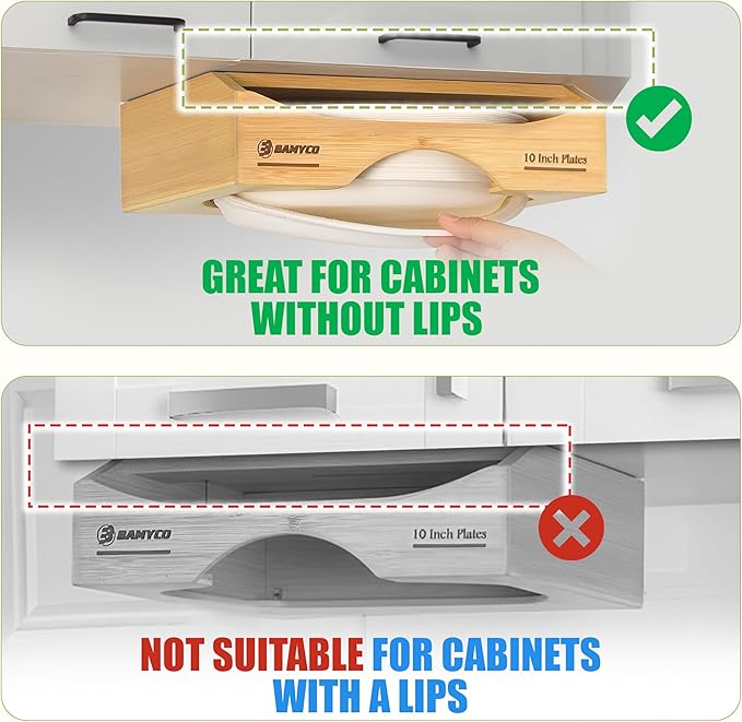 Bamboo Paper Plate Dispenser Under Cabinet for 10 Inch Paper Plates - Plate Organizer for Cabinet – Storage Paper Plate Holders for Kitchen organizer and Plastic Dinner Plates Disposable