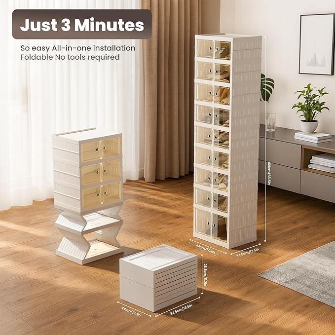 Foldable Shoe Organizer Storage Box, Portable Extra Large Folding Shoe Rack for Closet, Shoe Storage Box with Magnetic Transparent Door and Wheels, 9 Layers 18 Grids with 2 Big Grids