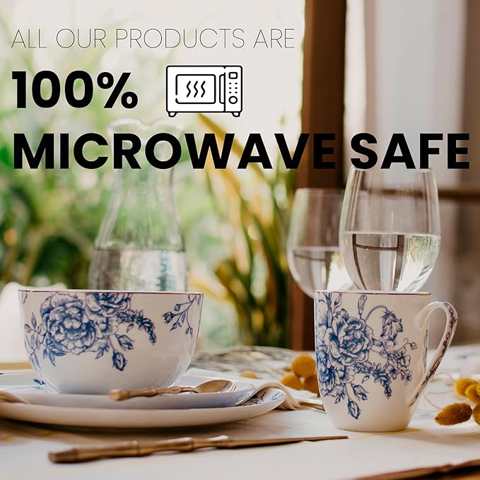 Blue Rose Plates and Bowls Sets Dishes Set for 4, Ceramic Plates and Bowls Set, Service for 4, Bone China Dinnerware Set Salad Dessert Plates, and Cereal Bowls Set, Microwave safe by KOKEN
