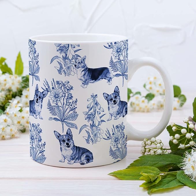 Corgi Blue French Toile Coffee Mug, Corgis Lover Gifts for Women, Blue Toile Coffee Cup for Corgi Mom, Dog Lovers Tea Coffee Mug Birthday Gifts for Dog Owners, 11 oz
