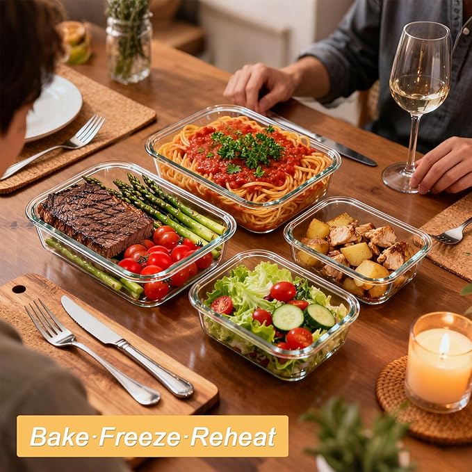 KOMUEE Large Glass Food Storage Containers Set (63oz & 27oz) with Airtight Lids, BPA-Free, 4 Pack Meal Prep Containers for Baking, Serving, Freezer, Microwave and Oven Safe