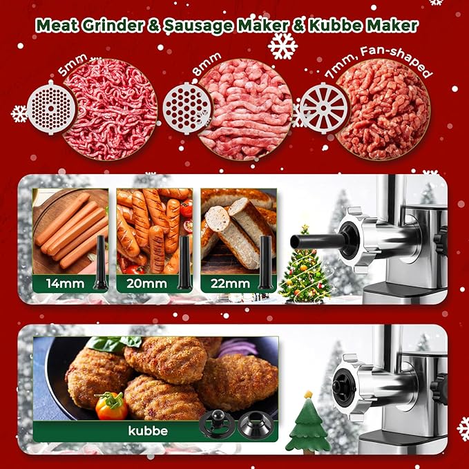 Meat Grinder Electric 3200w High Capacity Commercial Heavy Duty Meat Grinder and Sausage Stuffers, Kubbe Kit for Household Use & Commercial