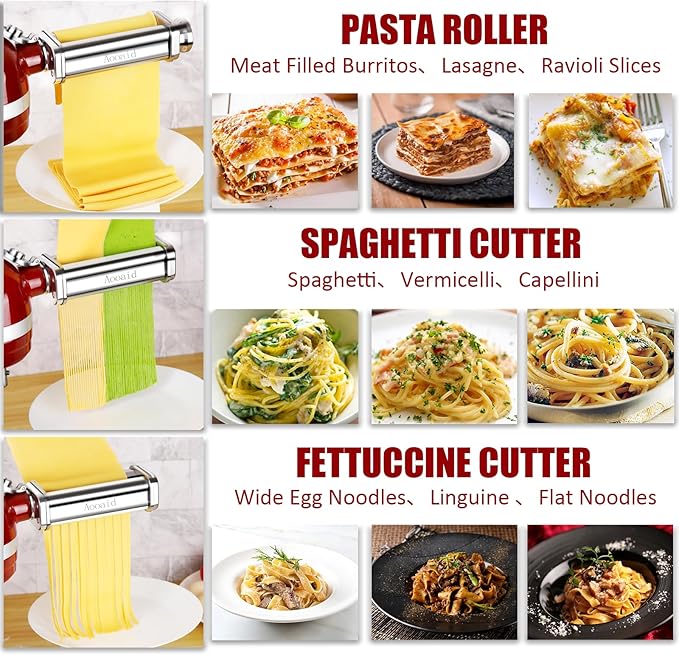 Pasta Roller & Spaghetti Cutter, Fettuccine Cutter Attachment for Kitchenaid Stand Mixer，3 Pcs Stainless Steel Pasta Maker Accessories By Aooaid