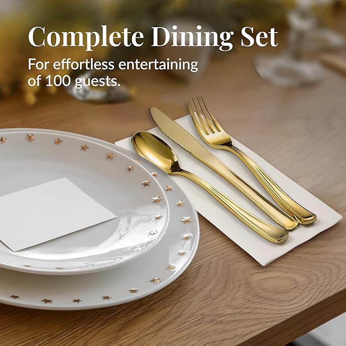 Prestee 400 Piece Pre Rolled Gold Plastic Silverware Set for 100 Guests - Disposable Silverware Set with Napkins for Weddings and Events - Wrapped Forks, Spoons and Knives with Elegant Gold Finish