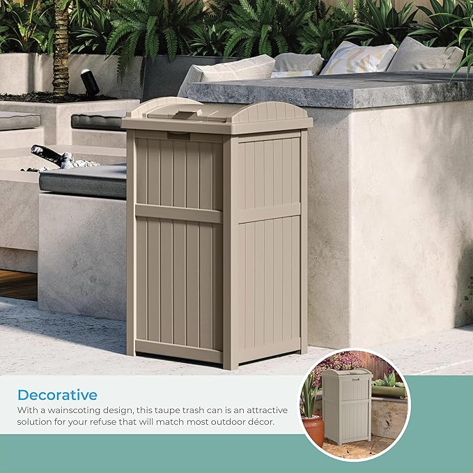 Suncast 33 Gallon Hideaway Trash Can for Patio - Resin Outdoor Trash with Lid - Use in Backyard, Deck, or Patio - Taupe
