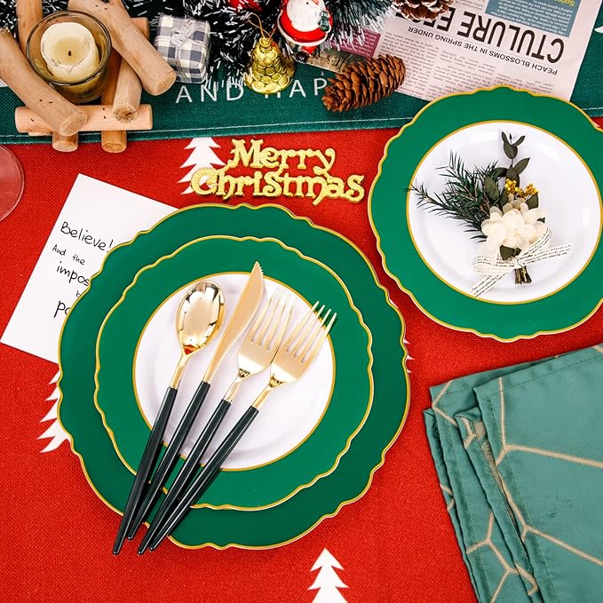 WDF 30Guest Christmas Plates Disposable - Gold Plastic Silverware With Green Handle - Baroque Green &Gold Plastic Dinnerware for Christmas Plates Party