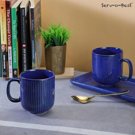 Ceramic Coffee Mugs with Handle Set – 2-Piece 11 Oz Ceramic Coffee Cups & 9" Tray, Handmade Midnight Blue Color, Microwave Safe Gift Set for Tea Lovers, Home Kitchen Décor